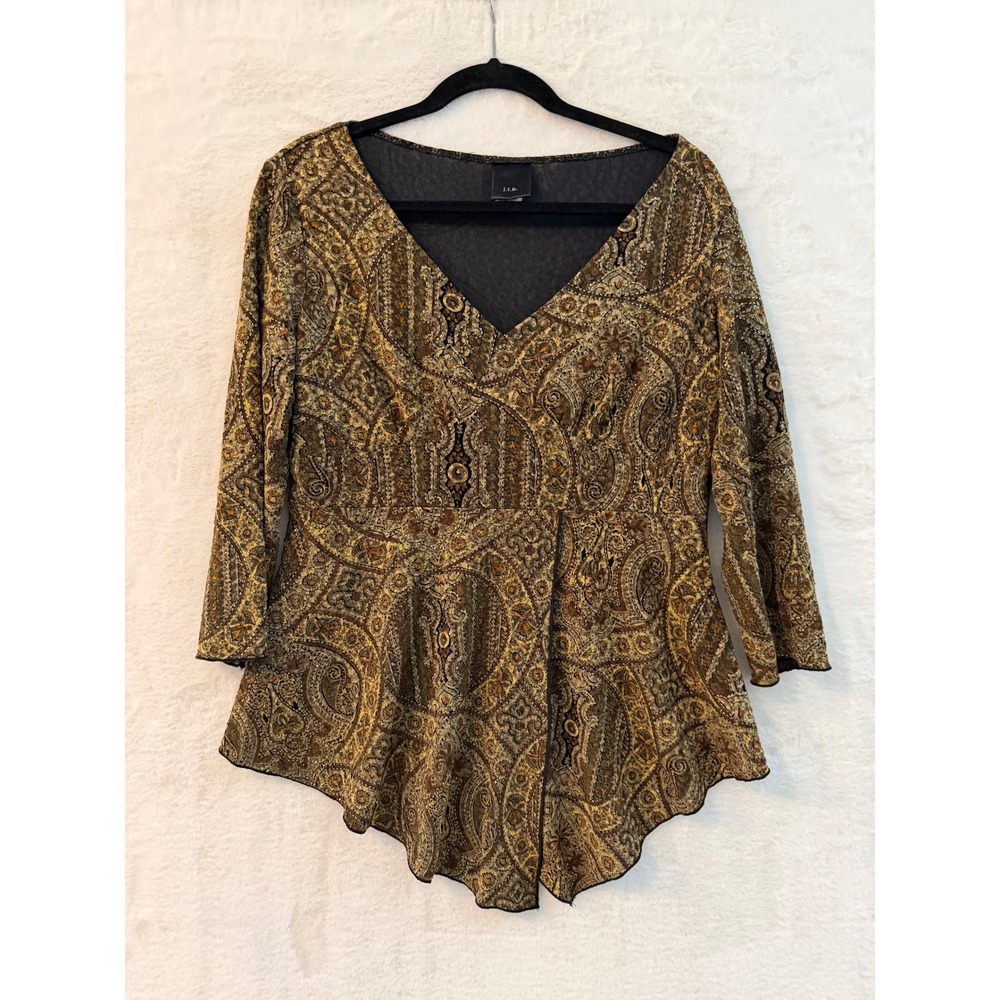 j.t.b. Paisley V-Neck Peplum Top Womens Large 3/4 Sleeve Brown Gold Boho Blouse